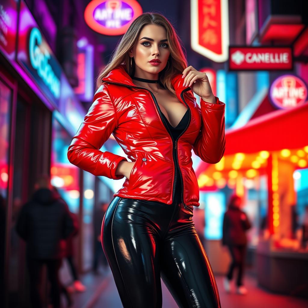 A hot slim girl with pronounced curves and large breasts, wearing a shiny red tight puffer jacket that hugs her figure, while donning sleek black latex leggings that accentuate her legs