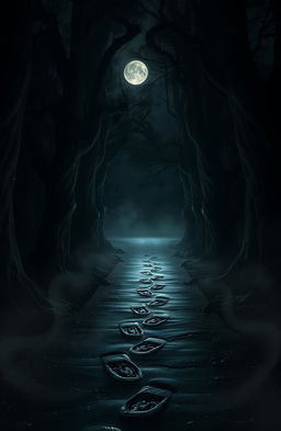 A mysterious path illuminated by soft moonlight in a dark forest