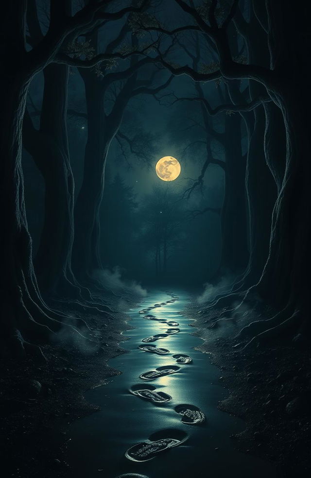 A mysterious path illuminated by soft moonlight in a dark forest