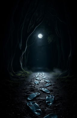 A mysterious path illuminated by soft moonlight in a dark forest