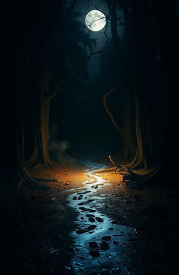 A mysterious path illuminated by soft moonlight in a dark forest