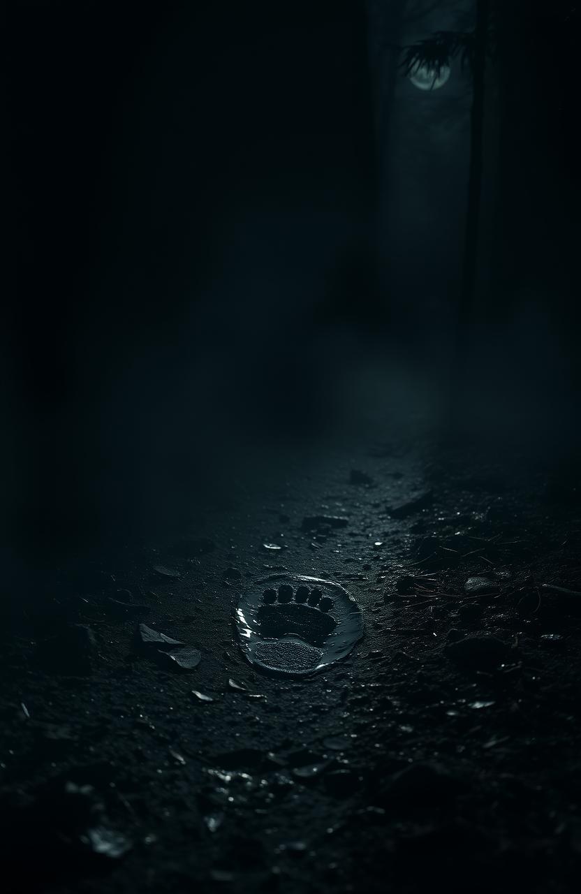 A mysterious scene depicting a solitary footprint in the midst of dark surroundings, highlighted by soft, ambient moonlight