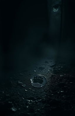 A mysterious scene depicting a solitary footprint in the midst of dark surroundings, highlighted by soft, ambient moonlight