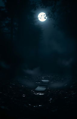 A mysterious scene depicting a solitary footprint in the midst of dark surroundings, highlighted by soft, ambient moonlight