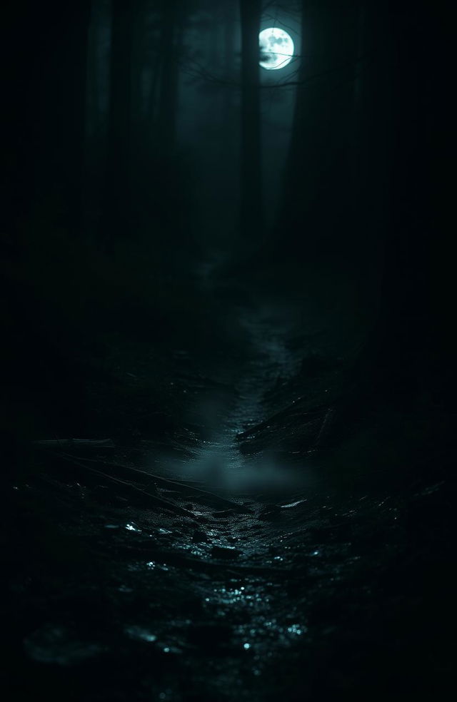 A mysterious scene depicting a solitary footprint in the midst of dark surroundings, highlighted by soft, ambient moonlight