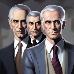 A high-quality digital painting showcasing a sinister triad: a 26-year-old clean-shaven young man, a 50-year-old clean-shaven middle-aged man, and a 70-year-old lady with grey hair