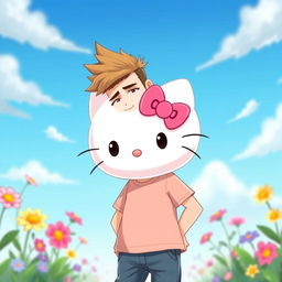 A cartoon-style depiction of a male character inspired by Hello Kitty, featuring a white cat design with oversized head, bright pink bow on one ear, and expressive eyes