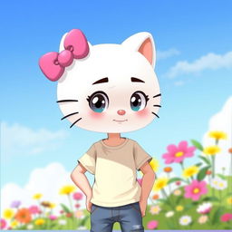 A cartoon-style depiction of a male character inspired by Hello Kitty, featuring a white cat design with oversized head, bright pink bow on one ear, and expressive eyes