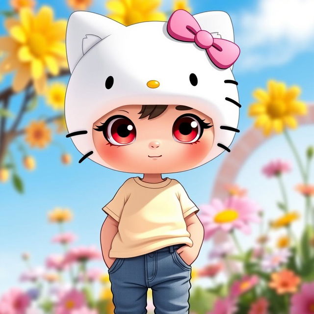 A cartoon-style depiction of a male character inspired by Hello Kitty, featuring a white cat design with oversized head, bright pink bow on one ear, and expressive eyes