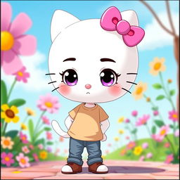 A cartoon-style depiction of a male character inspired by Hello Kitty, featuring a white cat design with oversized head, bright pink bow on one ear, and expressive eyes