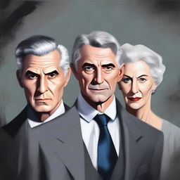 A high-quality digital painting showcasing a sinister triad: a 26-year-old clean-shaven young man, a 50-year-old clean-shaven middle-aged man, and a 70-year-old lady with grey hair