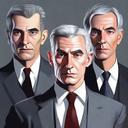 A high-quality digital painting showcasing a sinister triad: a 26-year-old clean-shaven young man, a 50-year-old clean-shaven middle-aged man, and a 70-year-old lady with grey hair