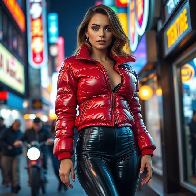 A hot slim girl with pronounced curves and large breasts, dressed in a shiny red tight puffer jacket that hugs her silhouette perfectly, and sleek black latex leggings that enhance her figure