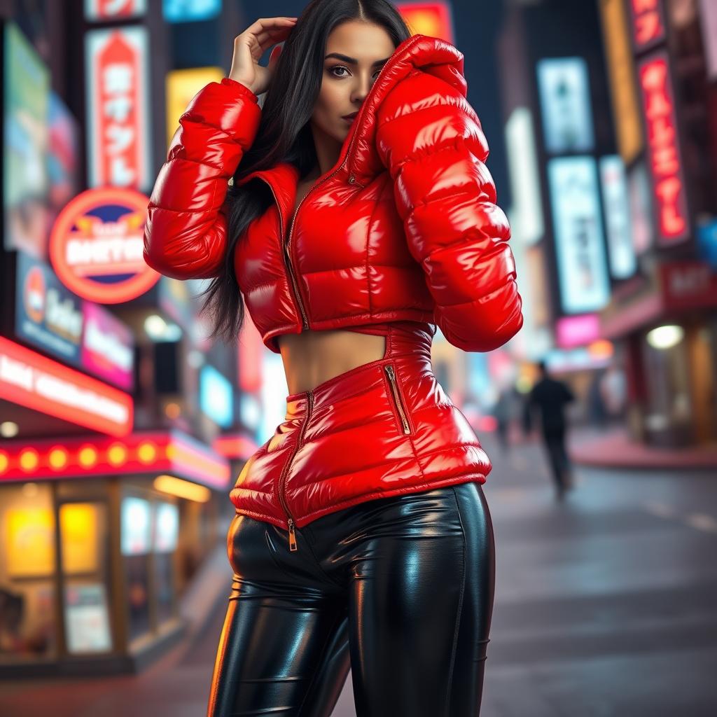 A hot slim girl with pronounced curves and large breasts, dressed in a shiny red tight puffer jacket that hugs her silhouette perfectly, and sleek black latex leggings that enhance her figure