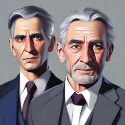 A high-quality digital painting showcasing a sinister triad: a 26-year-old clean-shaven young man, a 50-year-old clean-shaven middle-aged man, and a 70-year-old lady with grey hair