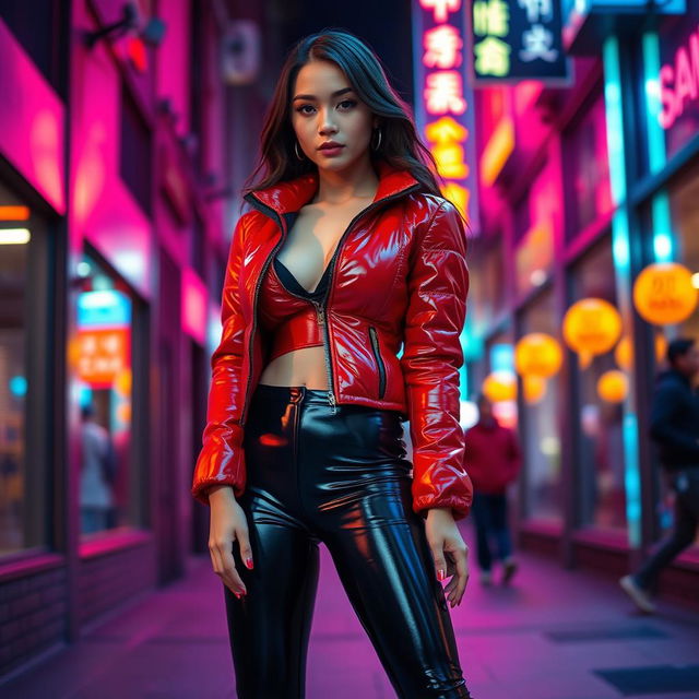 A hot slim girl with full breasts, showcasing her figure in a shiny red tight puffer jacket that clings to her curves, paired with sleek black latex leggings that highlight her long legs