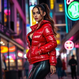 A hot slim girl with full breasts, showcasing her figure in a shiny red tight puffer jacket that clings to her curves, paired with sleek black latex leggings that highlight her long legs