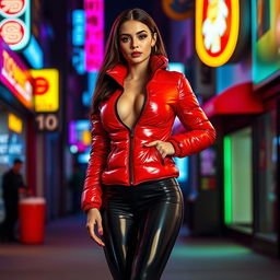 A hot slim girl with full breasts, showcasing her figure in a shiny red tight puffer jacket that clings to her curves, paired with sleek black latex leggings that highlight her long legs