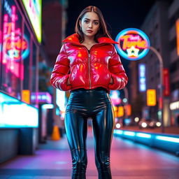 A hot slim girl with full breasts, showcasing her figure in a shiny red tight puffer jacket that clings to her curves, paired with sleek black latex leggings that highlight her long legs