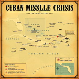 A detailed vintage-style map highlighting key hotspots of the Cuban Missile Crisis, featuring major locations like Cuba, the U