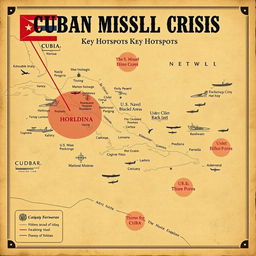 A detailed vintage-style map highlighting key hotspots of the Cuban Missile Crisis, featuring major locations like Cuba, the U