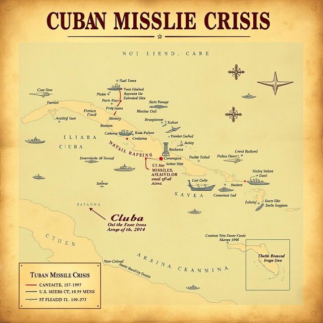 A detailed vintage-style map highlighting key hotspots of the Cuban Missile Crisis, featuring major locations like Cuba, the U