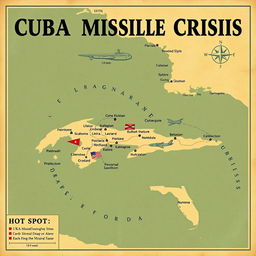 A detailed vintage-style map highlighting key hotspots of the Cuban Missile Crisis, featuring major locations like Cuba, the U