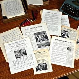 An array of historical documents related to the Cuban Missile Crisis, including handwritten notes from U