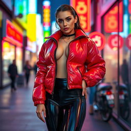 A hot slim girl with prominent curves and large breasts, featuring a shiny red tight puffer jacket that perfectly contours to her body, paired with form-fitting black latex leggings that emphasize her legs
