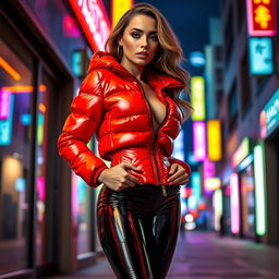 A hot slim girl with prominent curves and large breasts, featuring a shiny red tight puffer jacket that perfectly contours to her body, paired with form-fitting black latex leggings that emphasize her legs