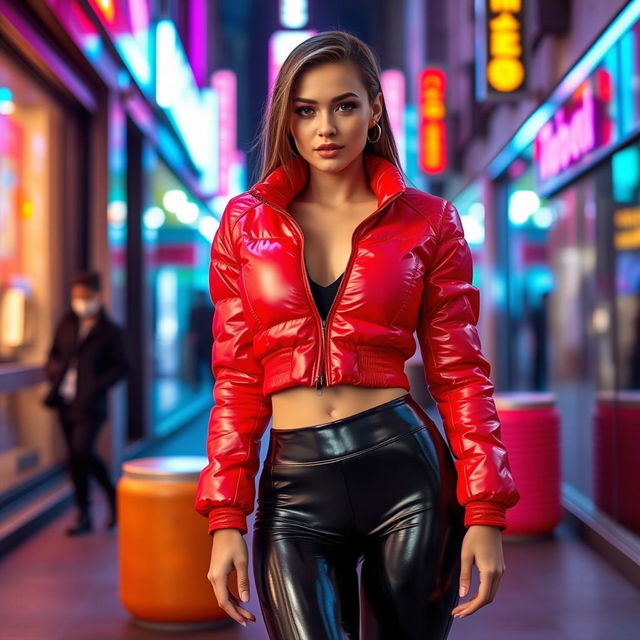 A hot slim girl with prominent curves and large breasts, featuring a shiny red tight puffer jacket that perfectly contours to her body, paired with form-fitting black latex leggings that emphasize her legs