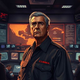 A dramatic, artistic portrayal of the man who made the decision to prevent a nuclear catastrophe during the Cuban Missile Crisis, showing a middle-aged male figure, looking serious and contemplative, standing in a dimly lit command center filled with maps and screens displaying crisis data