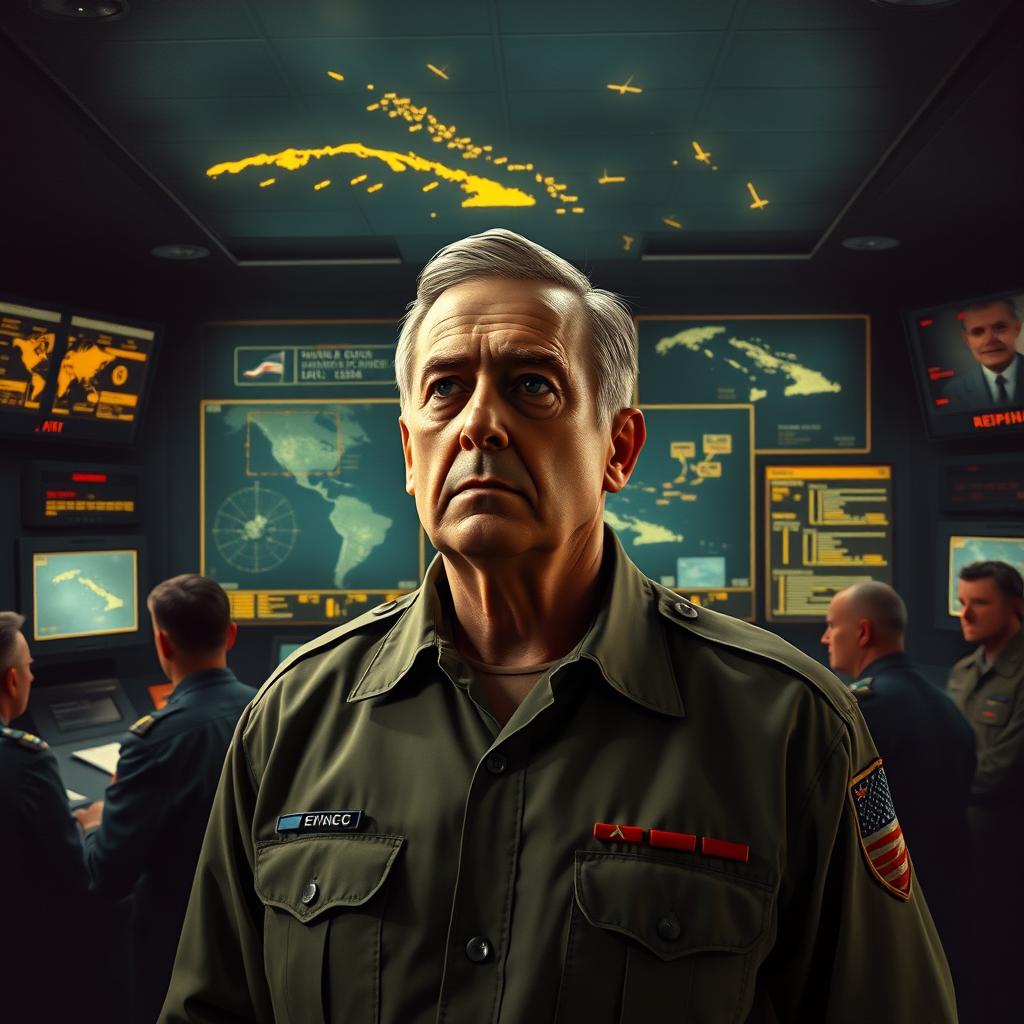 A dramatic, artistic portrayal of the man who made the decision to prevent a nuclear catastrophe during the Cuban Missile Crisis, showing a middle-aged male figure, looking serious and contemplative, standing in a dimly lit command center filled with maps and screens displaying crisis data