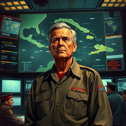 A dramatic, artistic portrayal of the man who made the decision to prevent a nuclear catastrophe during the Cuban Missile Crisis, showing a middle-aged male figure, looking serious and contemplative, standing in a dimly lit command center filled with maps and screens displaying crisis data