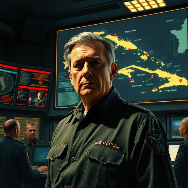 A dramatic, artistic portrayal of the man who made the decision to prevent a nuclear catastrophe during the Cuban Missile Crisis, showing a middle-aged male figure, looking serious and contemplative, standing in a dimly lit command center filled with maps and screens displaying crisis data