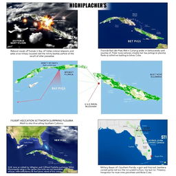 A series of high-resolution images showcasing key hotspots of the Cuban Missile Crisis, including robust visuals of the Bay of Pigs, missile sites in Cuba with military installations, the U