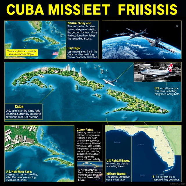 A series of high-resolution images showcasing key hotspots of the Cuban Missile Crisis, including robust visuals of the Bay of Pigs, missile sites in Cuba with military installations, the U