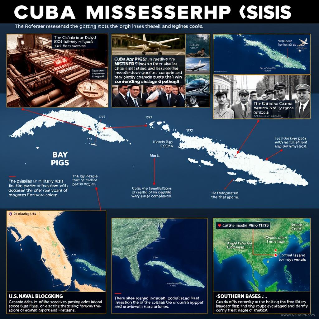 A series of high-resolution images showcasing key hotspots of the Cuban Missile Crisis, including robust visuals of the Bay of Pigs, missile sites in Cuba with military installations, the U