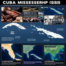 A series of high-resolution images showcasing key hotspots of the Cuban Missile Crisis, including robust visuals of the Bay of Pigs, missile sites in Cuba with military installations, the U