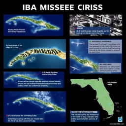 A series of high-resolution images showcasing key hotspots of the Cuban Missile Crisis, including robust visuals of the Bay of Pigs, missile sites in Cuba with military installations, the U