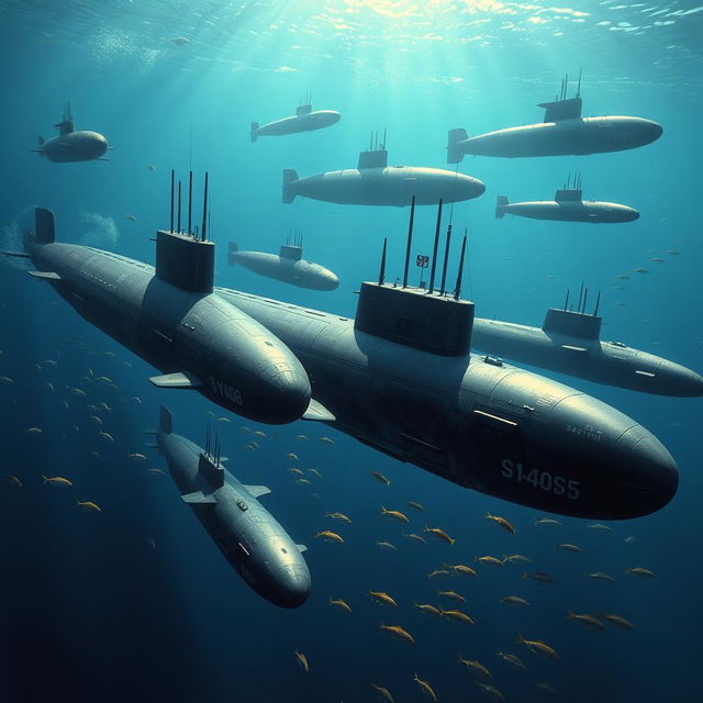 An expansive and detailed view of Cold War naval submarines, showcasing various classes such as the Soviet Typhoon-class and American Los Angeles-class submarines, submerged in deep ocean waters