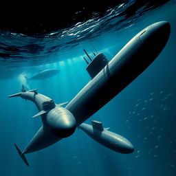 An expansive and detailed view of Cold War naval submarines, showcasing various classes such as the Soviet Typhoon-class and American Los Angeles-class submarines, submerged in deep ocean waters