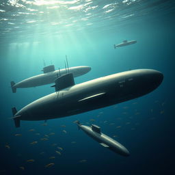 An expansive and detailed view of Cold War naval submarines, showcasing various classes such as the Soviet Typhoon-class and American Los Angeles-class submarines, submerged in deep ocean waters