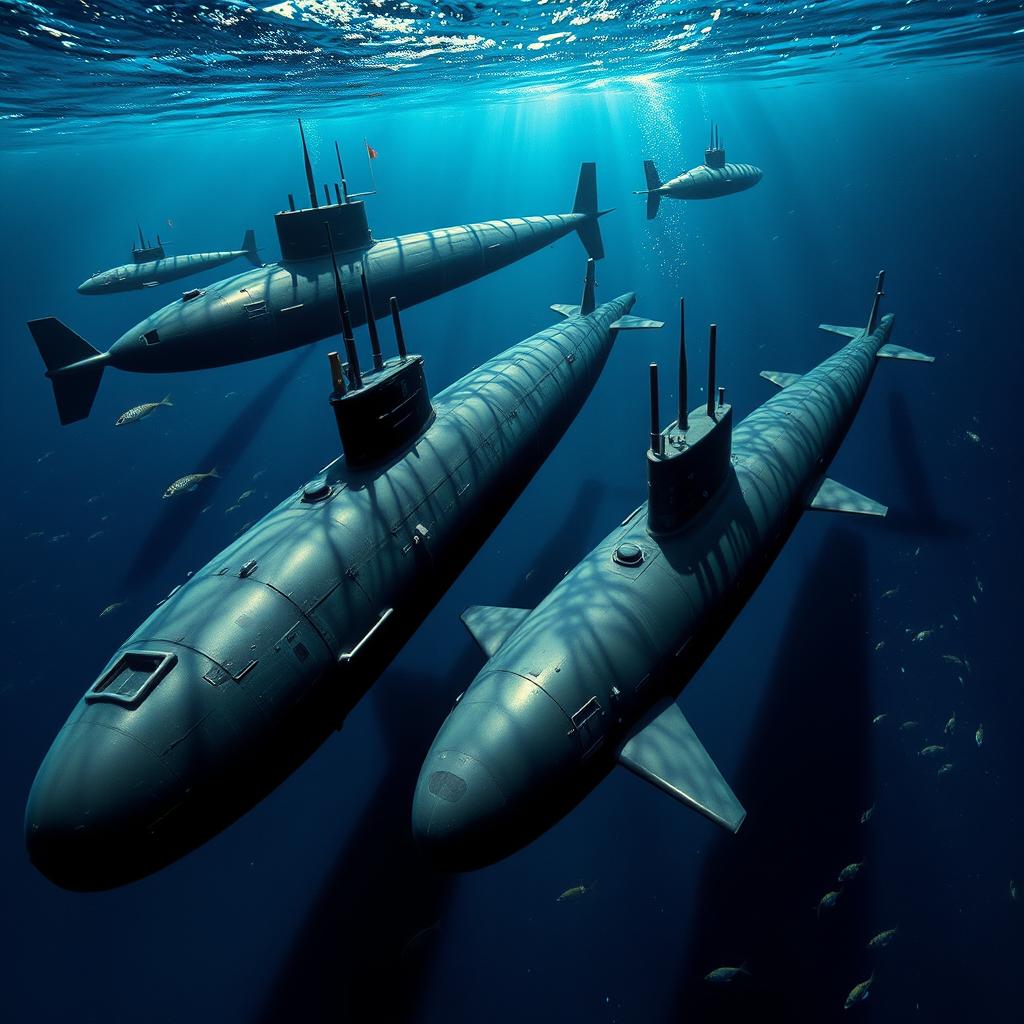 An expansive and detailed view of Cold War naval submarines, showcasing various classes such as the Soviet Typhoon-class and American Los Angeles-class submarines, submerged in deep ocean waters