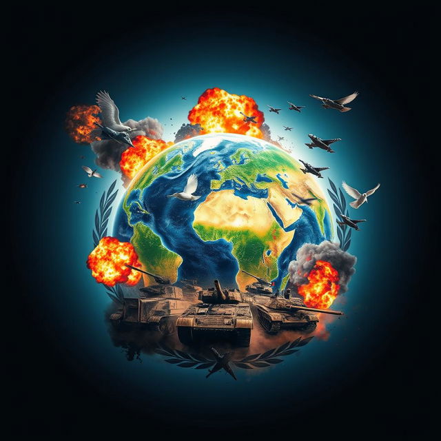 A striking visual composition featuring a serene and peaceful globe, symbolizing unity and harmony, juxtaposed with vivid war imagery such as explosions, tanks, and fighter jets encroaching upon the globe