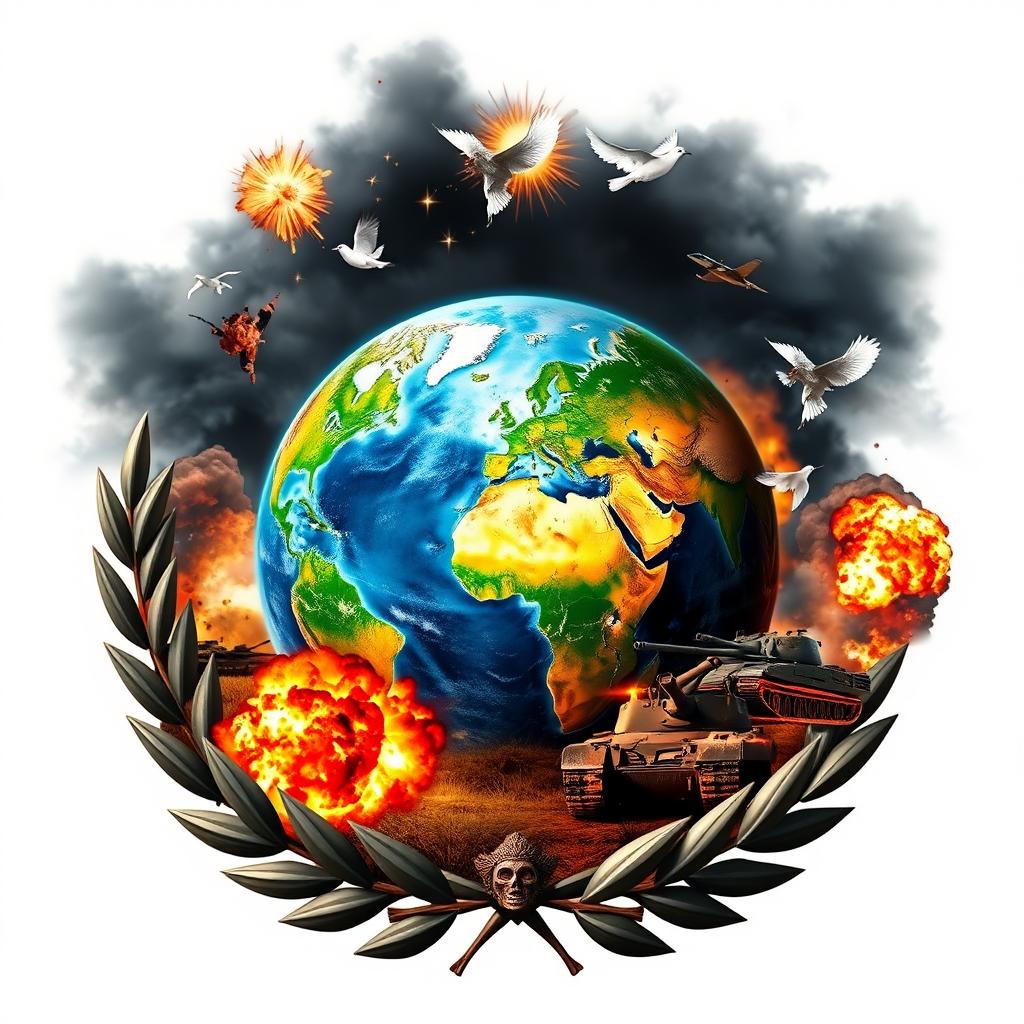 A striking visual composition featuring a serene and peaceful globe, symbolizing unity and harmony, juxtaposed with vivid war imagery such as explosions, tanks, and fighter jets encroaching upon the globe