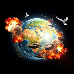 A striking visual composition featuring a serene and peaceful globe, symbolizing unity and harmony, juxtaposed with vivid war imagery such as explosions, tanks, and fighter jets encroaching upon the globe