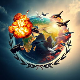 A striking visual composition featuring a serene and peaceful globe, symbolizing unity and harmony, juxtaposed with vivid war imagery such as explosions, tanks, and fighter jets encroaching upon the globe