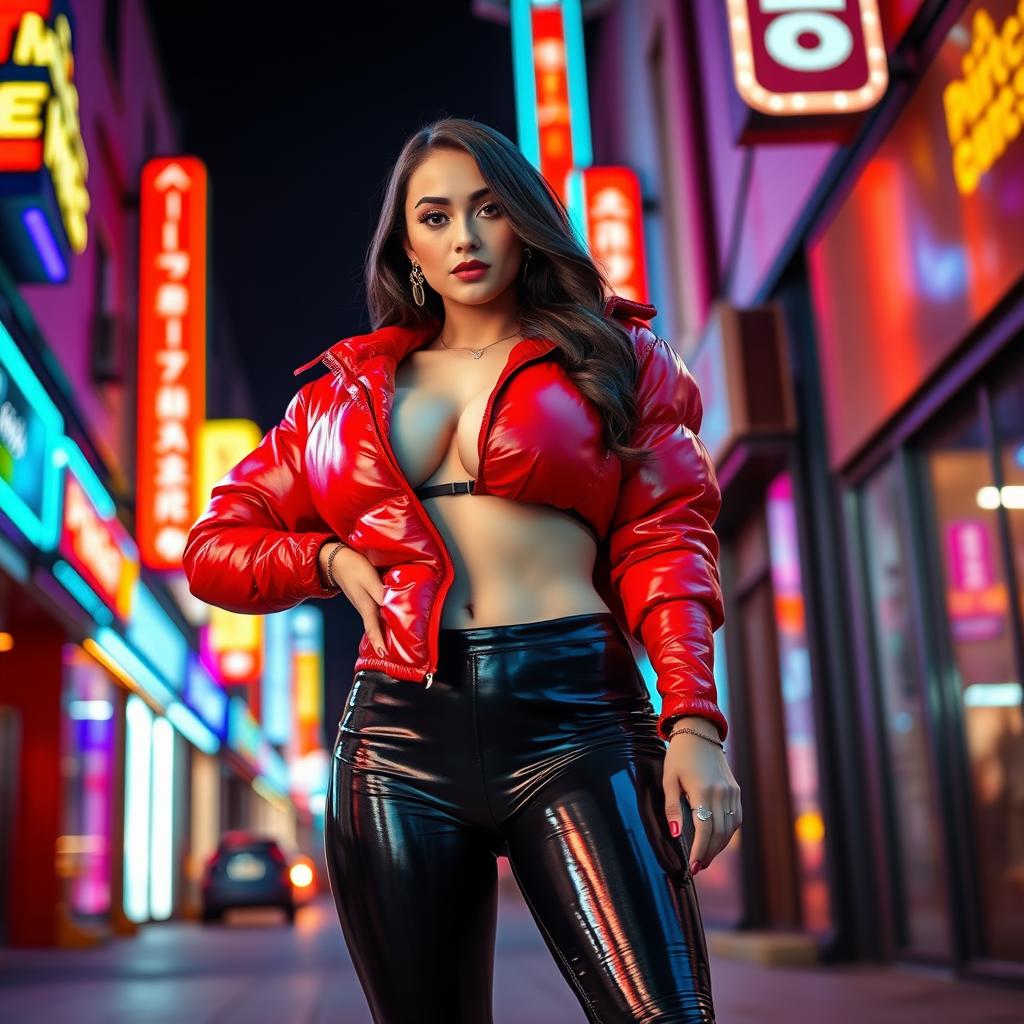 A hot slim girl with voluptuous curves and prominent breasts, wearing a shiny red tight puffer jacket that showcases her figure, complemented by stylish black latex leggings that accentuate her legs