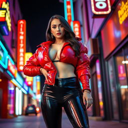 A hot slim girl with voluptuous curves and prominent breasts, wearing a shiny red tight puffer jacket that showcases her figure, complemented by stylish black latex leggings that accentuate her legs